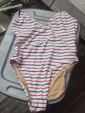 Old Navy White One-Piece Swimsuit with Red and Navy Stripes